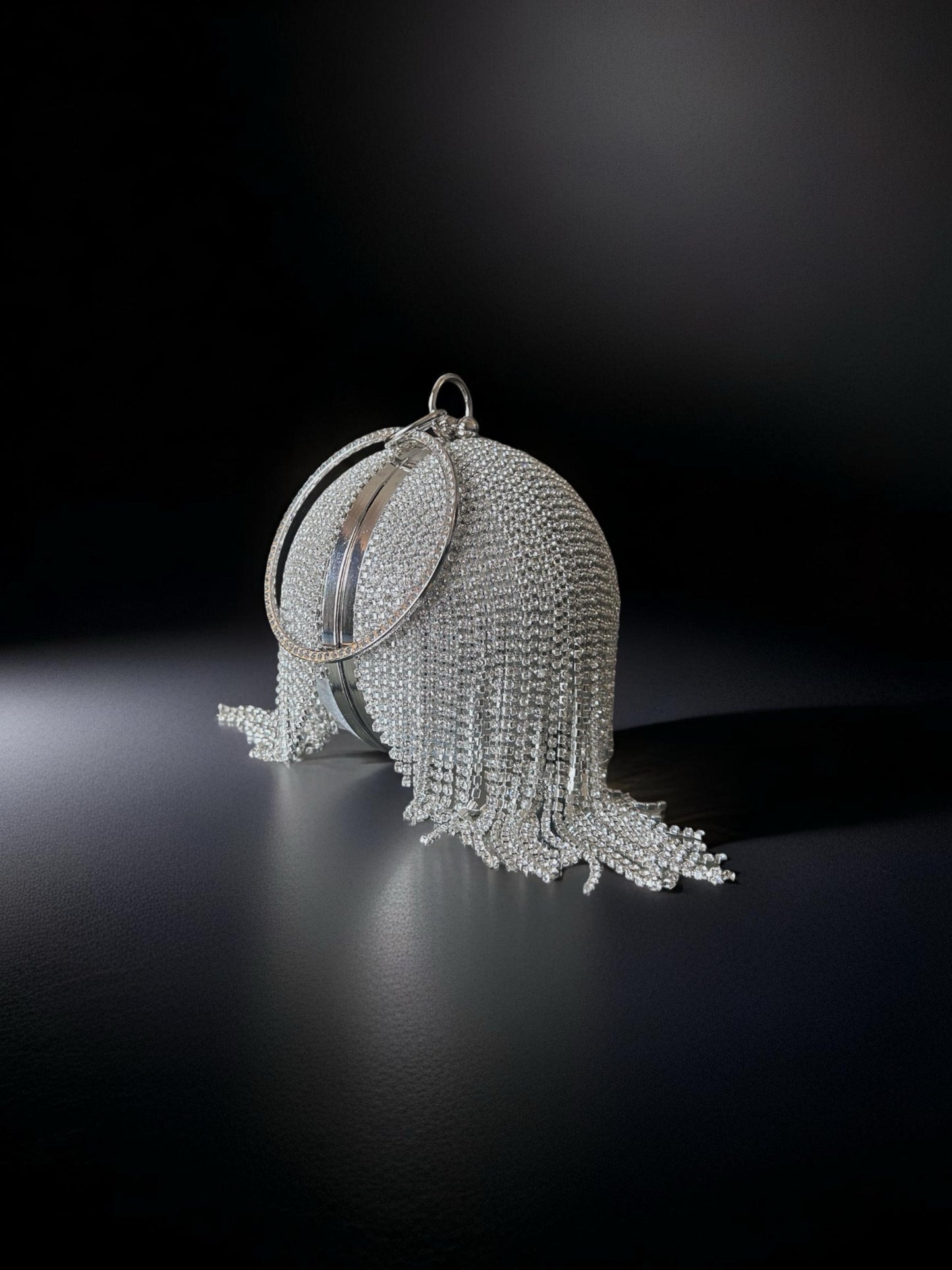 Gold Round Ball Crystal Evening Clutch with Tassel & Ring Handle | Fringed Cystal ball Clutch|