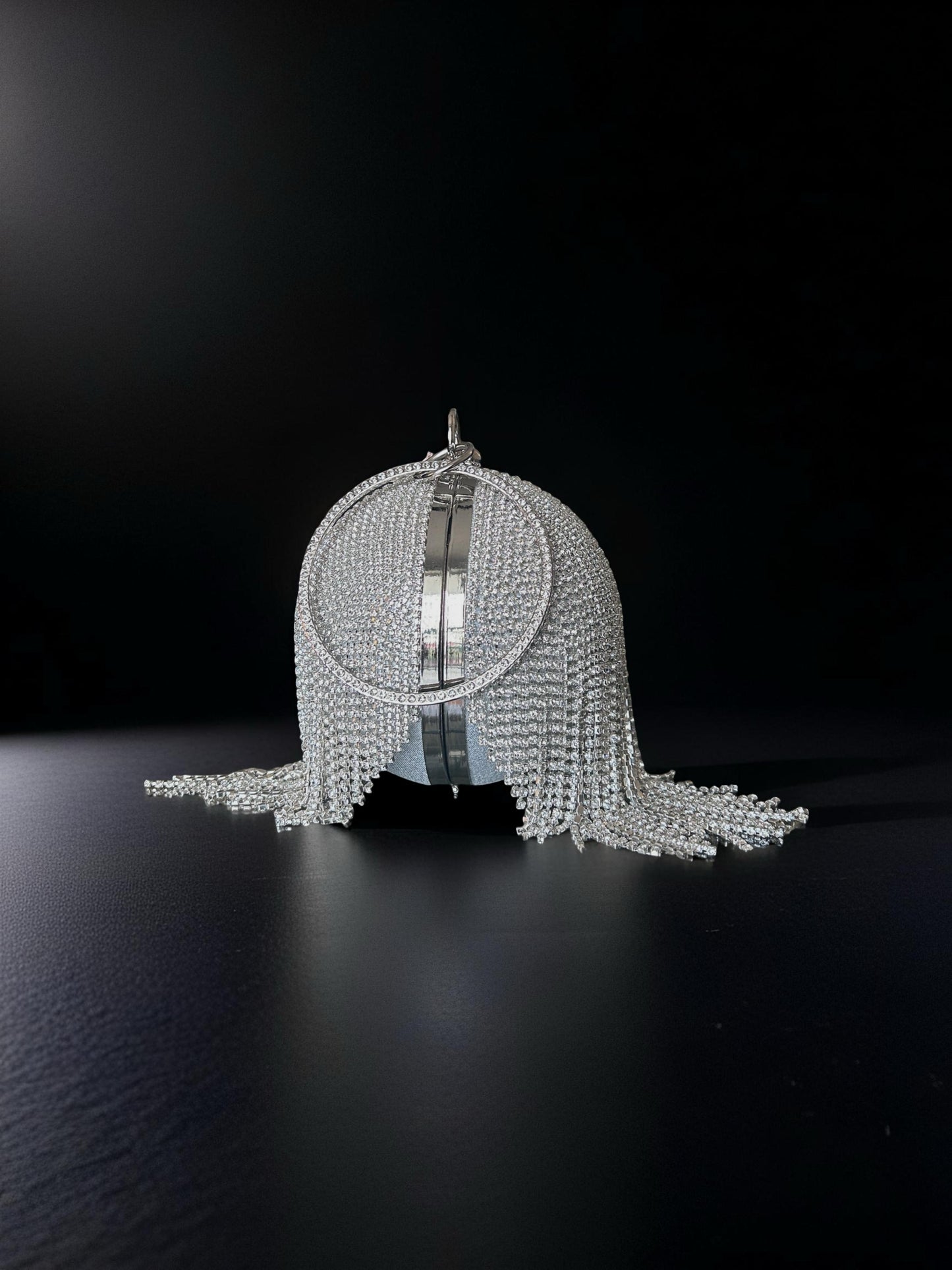 Gold Round Ball Crystal Evening Clutch with Tassel & Ring Handle | Fringed Cystal ball Clutch|
