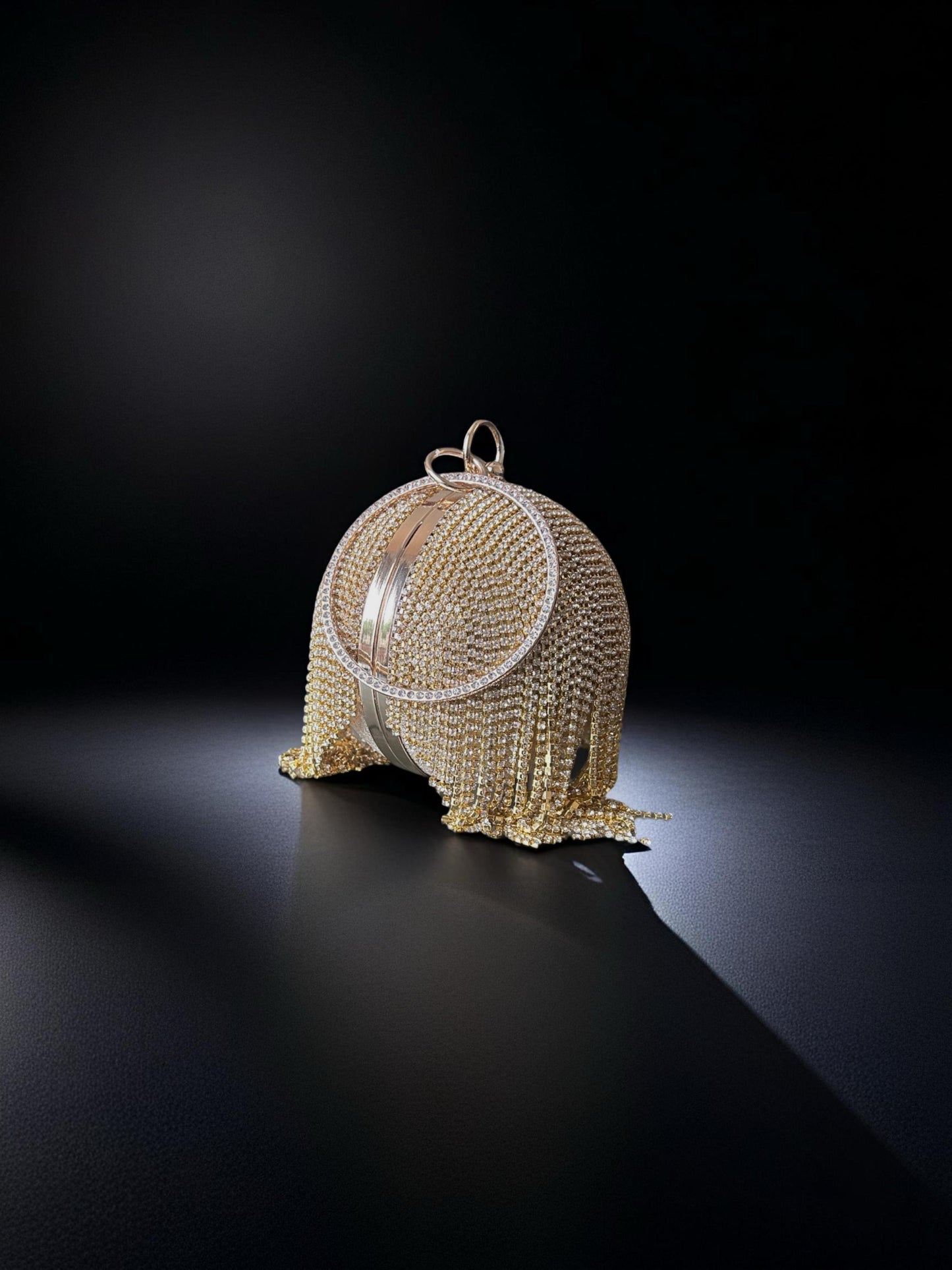 Gold Round Ball Crystal Evening Clutch with Tassel & Ring Handle | Fringed Cystal ball Clutch|