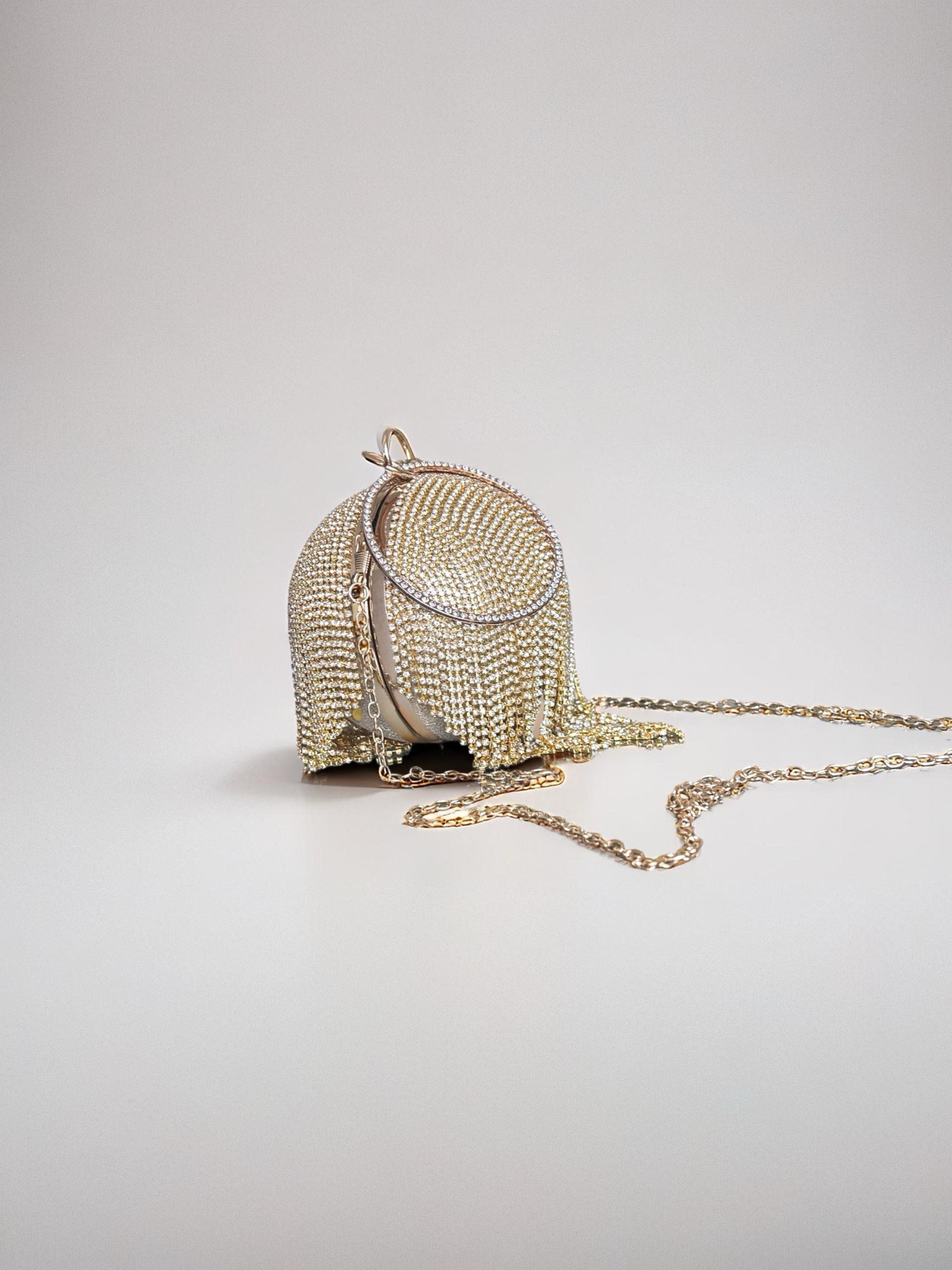Gold Round Ball Crystal Evening Clutch with Tassel & Ring Handle