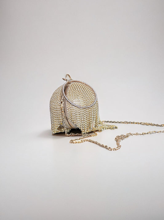 Gold Round Ball Crystal Evening Clutch with Tassel & Ring Handle