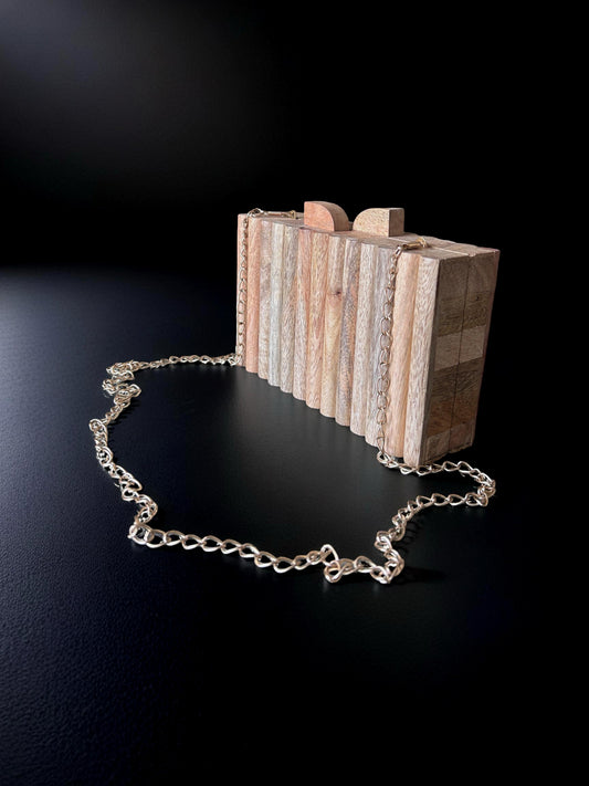 | Wooden Clutch Bag | Teak Evening Bag with Chain| Crescent‑Handle Wooden Clutch|